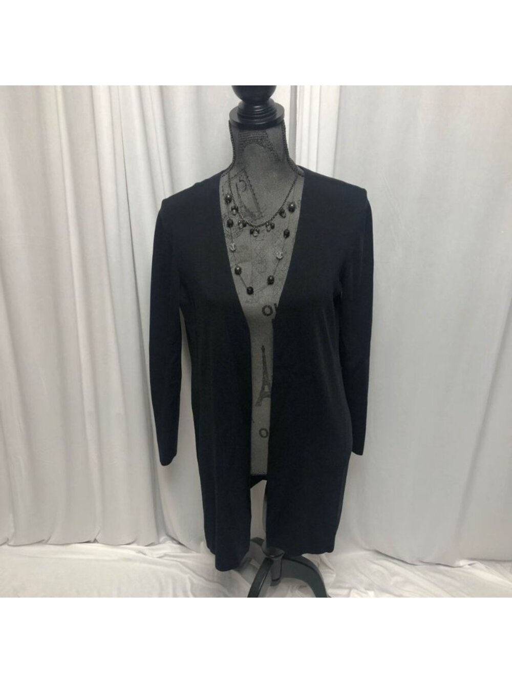 Pointelle Cardigan Womens Size Small Black Open Front Long Sweater Layering